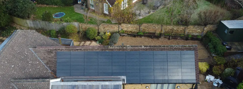 Drone Image of roof mounted Solar System with multiple panels.